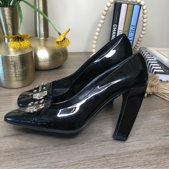 Prada Black Patent Leather Logo Detail Square Toe Block Calzature Donna Pumps 38 - Picture 2 of 10